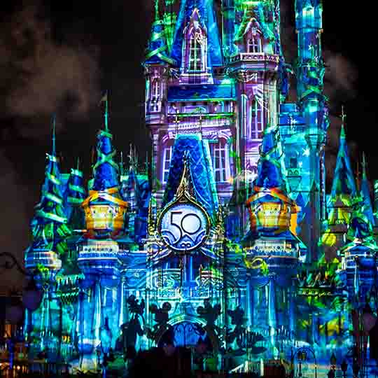 Castle projection of skeletons during Disney's Not-So-Spooky Spectacular at Mickey's Not-So-Scary Halloween Party