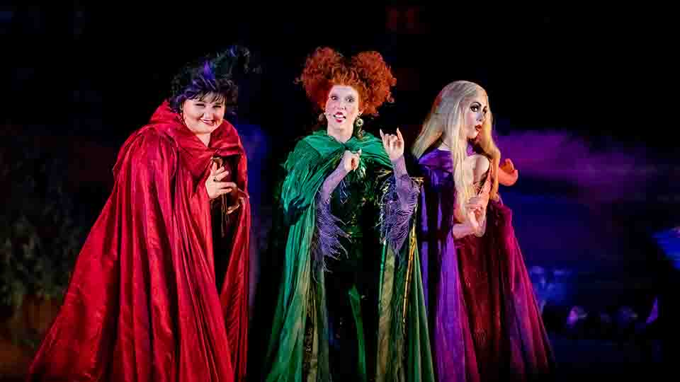 The Sanderson Sisters performing during the Hocus Pocus Villain Spelltacular at Mickey's Not-So-Scary Halloween Party