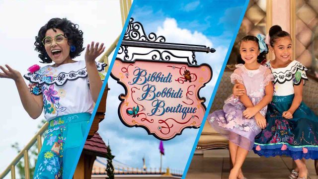 Banner image with Bibbidi Bobbodi Boutique sign and Encanto characters