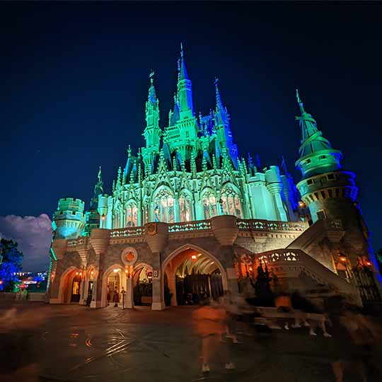 Cinderella's Royal Table entrance lit up with a spooky overlay during Mickey's Not-So-Scary Halloween Party