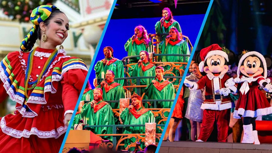 Disney ¡Viva Navidad! dancer, Candlelight Processional choir in EPCOT, Mickey and Minnie in Mickey’s Most Merriest Celebration show