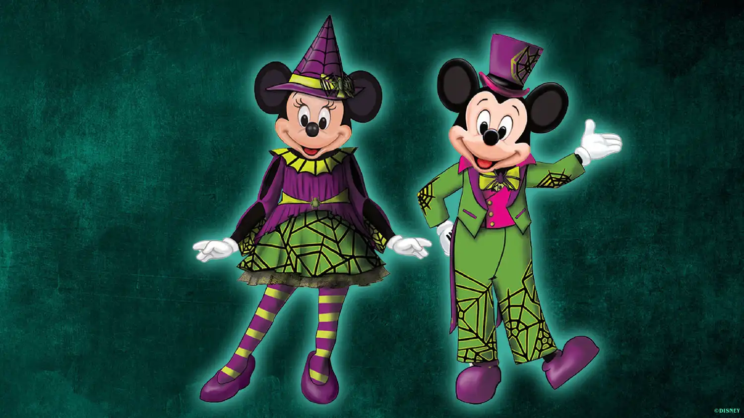 Mickey and Minnie in their brand new spider web inspired neon green and purple halloween costumes